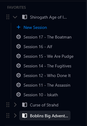 Favorites section in the sidebar listing campaigns and sessions