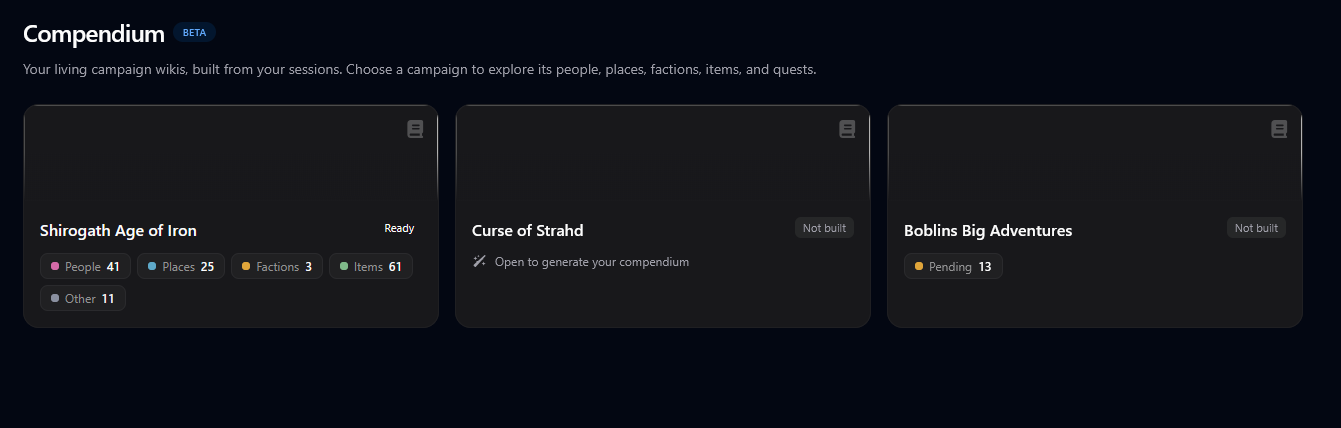 Compendium campaign picker showing Ready, Not built, and Pending campaigns