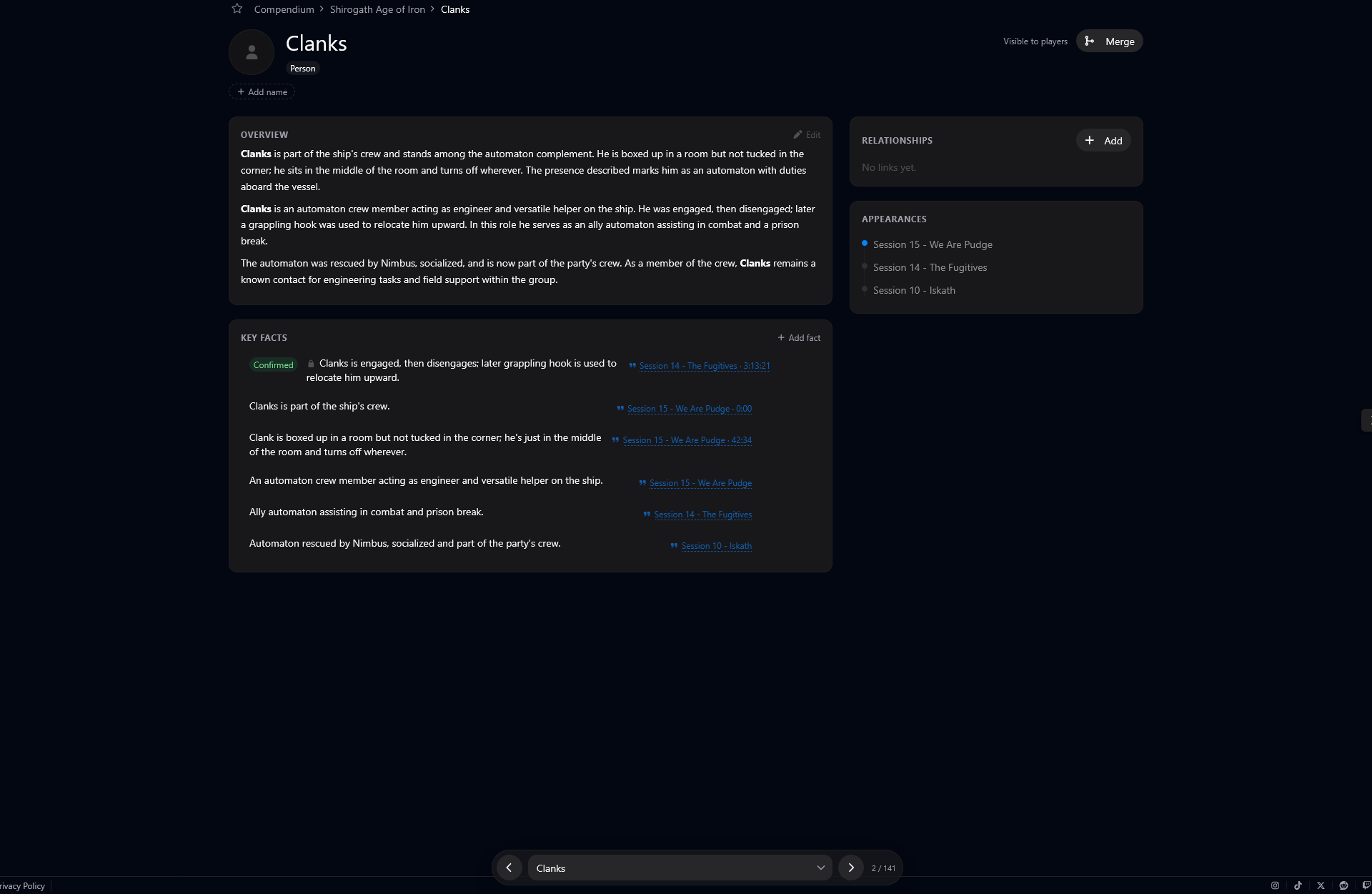 Compendium entry detail for Clanks with overview, key facts, and appearances