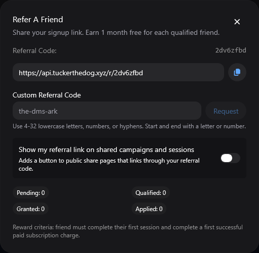 Refer a Friend modal with referral link and stats