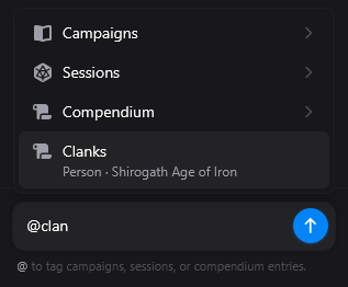 Scribe @-mention menu for tagging campaigns, sessions, and compendium entries