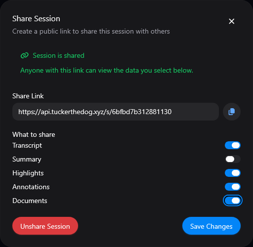Share Session modal with link and content toggles